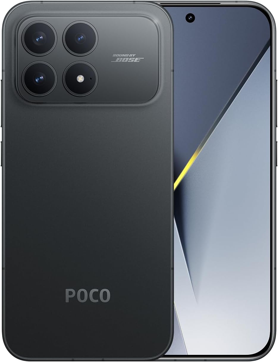 Amazon掲載のPOCO F8 Proブラック。背面とディスプレイの製品写真